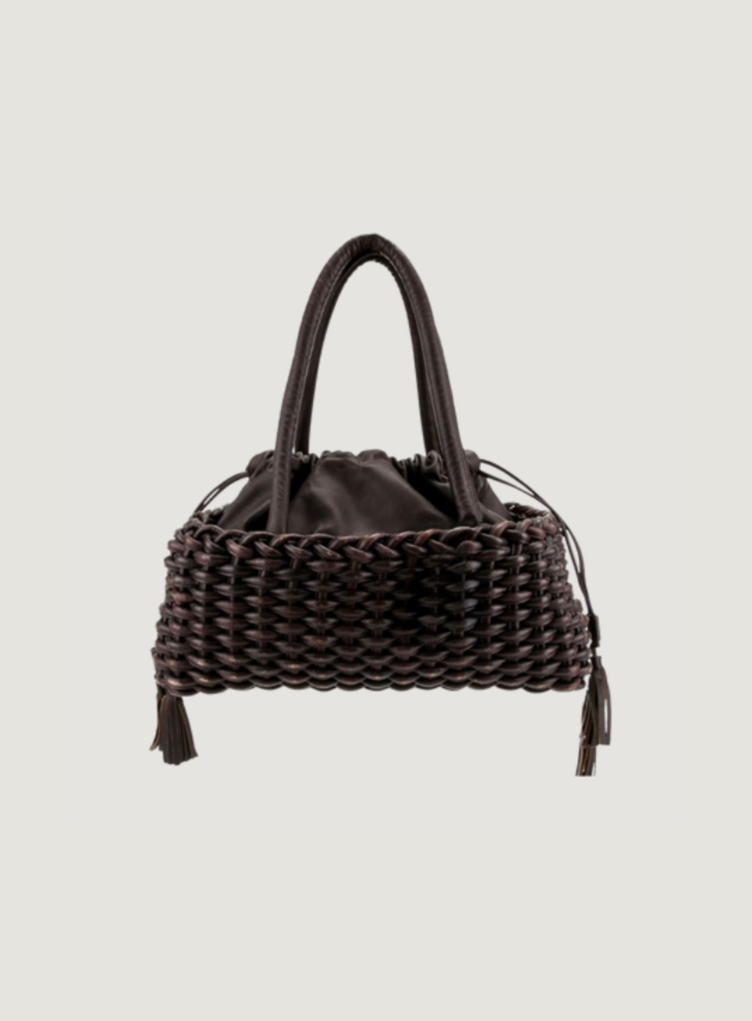 BASKET WEAVE TASSLED LEATHER HANDLE BAG S/S 2006